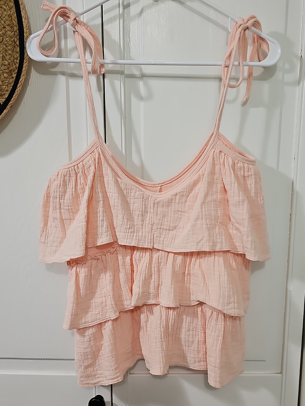 Women's Tiered Tie-Strap Tank Top - Pale Peach. 100% Cotton!